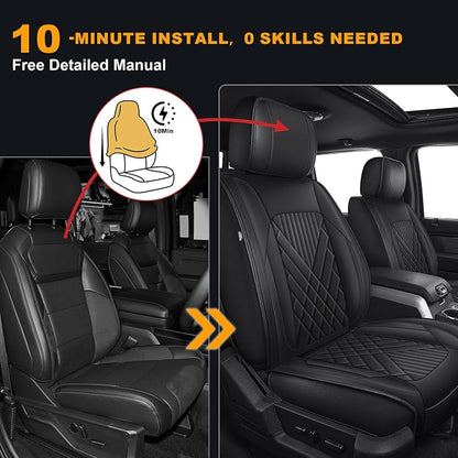 IKABEVEM for Ford F150 2009-2024 2025 2026 Seat Covers F250 F350 F450 2017-2025 2026 Seat Cushion Cover with Faux Leather(Full Set, Black)