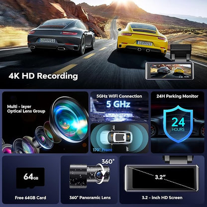 4K Dash Cam Front and Rear,with 64GB Card,Built in 5.8GHz WiFi & GPS Car Camera,Super Night Vision,Advanced Driver Assistance System,3.2'IPS Screen,24H Parking Mode,Time-Lapse,Loop Recording