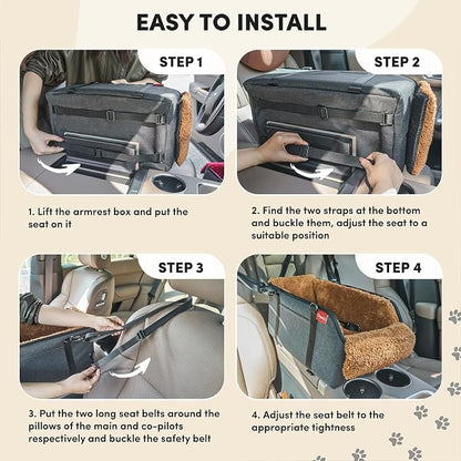 BurgeonNest Center Console Small Dog Car Seat - Portable Pet Cat Puppy Booster Armrest Carseat Up to 11lbs, Anti-Collapse Comfort Car Travel with Washable Fluffy Cushion and Pillow, Brown