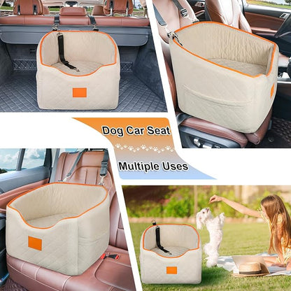 XIEEAOZEE Dog Car Seat for Small Dogs, Memory Foam Booster Dog Seat for Dogs up to 35 lbs, Elevated Pet Car Seat, Travel Safety Pet Seat with Washable Removable Cover, Storage Pockets (Beige)