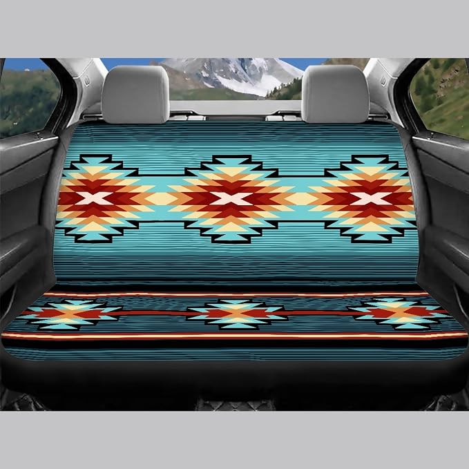 Aztec Southwest Native American Tribal Car Seat Covers Full Set,Turquoise Navajo Design Western Vehicle Front Rear Bench Cushion Protectors Auto Interior Accessories Universal Fit for Trucks