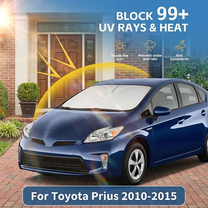 Windshield Sun Shade for Toyota Prius Hatchback 2010-2015 Double Layer 240T Front Window Shade Custom Fit Prius Sun Visor Foldable Shade Blocks UV Rays Summer Must Have Car Accessories