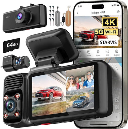 REDTIGER F17 & Acc, 4K 3 Channel Dash Cam, 5GHz WiFi Built-in GPS with 64GB Card, 2160P+1080P+1080P Front and Rear Inside, Triple Car Camera with 3 Inch Screen, IR Night Vision, G Sensor, WDR