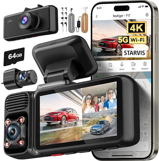 REDTIGER F17 & Acc, 4K 3 Channel Dash Cam, 5GHz WiFi Built-in GPS with 64GB Card, 2160P+1080P+1080P Front and Rear Inside, Triple Car Camera with 3 Inch Screen, IR Night Vision, G Sensor, WDR