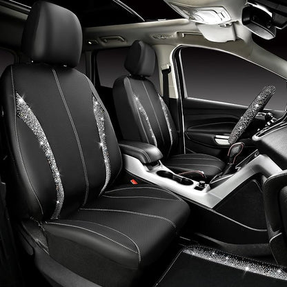 CAR PASS Leather Bling Diamond Car Seat Covers Front & Waterproof Rhinestone Car Floor Mats 4pcs & Sparkly Steering Wheel Cover 15' Universal Shining Interior Sets for 95% SUV Cute Women Black Silver
