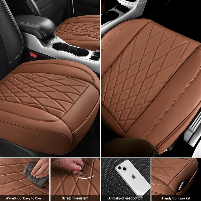 CAR PASS 2 Pack Leather Front Car Seat Covers, Bottom Seat Covers Full Wrapped with Storage Pocket, Anti-Slip Leather Seat Protectors,Waterproof Seat Cushion Pad Universal Fit Sedan SUV Truck, Brown