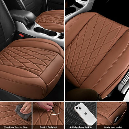 CAR PASS 2 Pack Leather Front Car Seat Covers, Bottom Seat Covers Full Wrapped with Storage Pocket, Anti-Slip Leather Seat Protectors,Waterproof Seat Cushion Pad Universal Fit Sedan SUV Truck, Brown