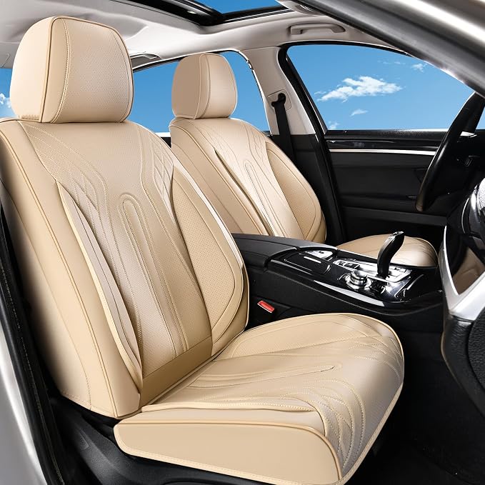 Huidasource Car Seat Covers Full Set, Universal Fit for Most Cars SUV Trucks, Full Coverage Nappa Leather Seat Cover, Airbag, Cupholder Compatible, Velcro Adjustable, Seat Function Retain, Beige