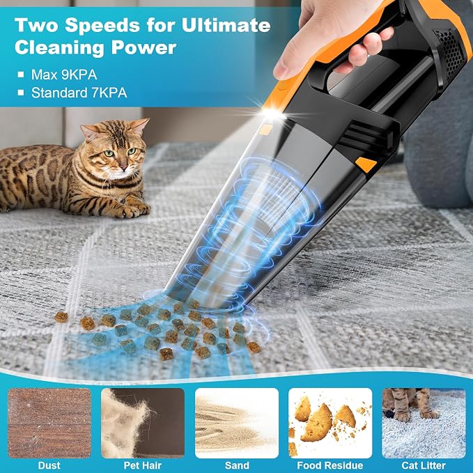 Blestan Car Vacuum Portable with LED Light, High Power Suction, Lightweight Rechargeable Hand Vacuum, Hand Held Vacuum Cleaner for Car Home Office, Pet Hair, Orange