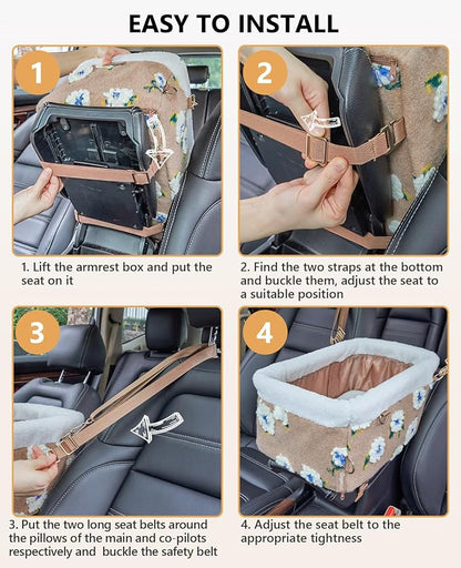 BurgeonNest Dog Carseat for Small Dog, Center Console Pet Booster Seats with Metal Frame, Upgraded Pet Carseat with Double Protection Seat Belts, Washable Cushion, Safety Leash and Storage Pocket