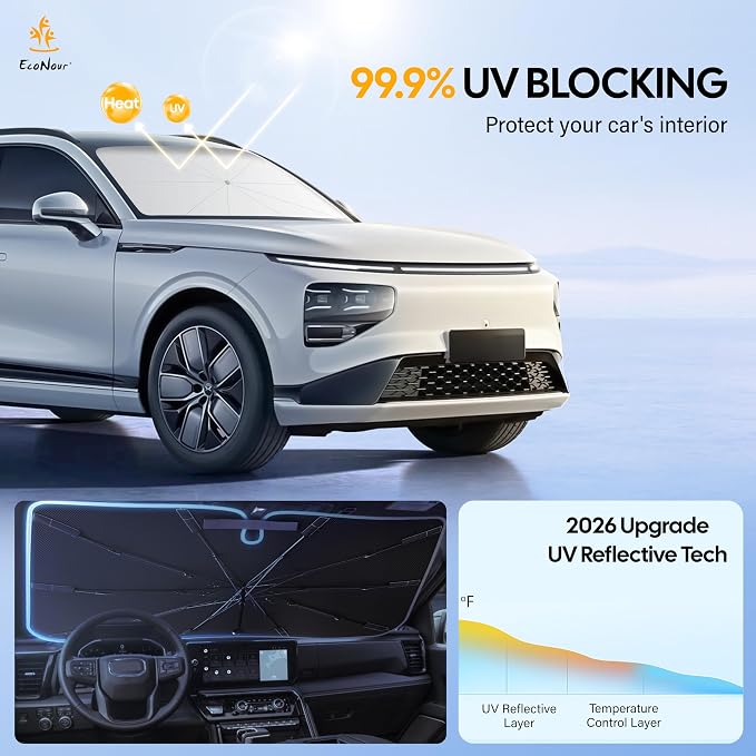 EcoNour Umbrella Windshields Sun Shade for Car | Foldable Umbrella Sun Shield | UV & Heat Protection for Front Window Shade with Storage Pouch | Fits Coupe, Sedan & Hatchbacks | Small 52"x31"