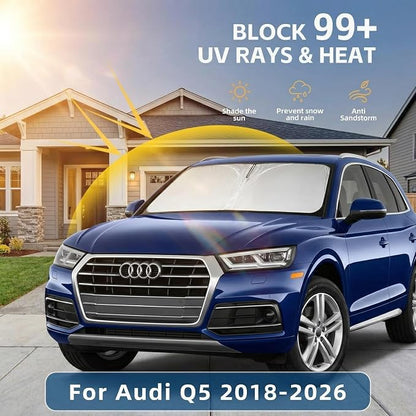 for Audi Q5 Windshield Sun Shade 2018-2024 2025 2026 Front Window Shade Custom Fit Q5 Accessories SQ5 Premium, Premium Plus, Prestige Crossover SUV Sun Visor Foldable Shade Blocks UV Rays Accessories