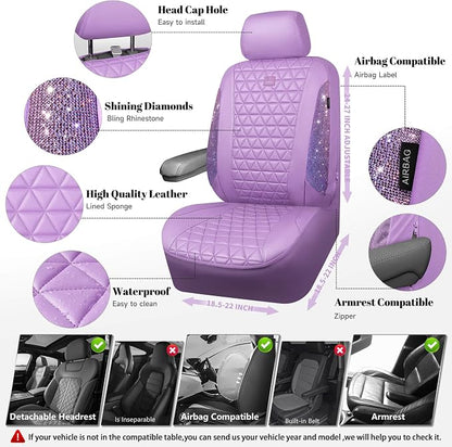 CAR PASS Light Purple Bling Diamond Leather Car Seat Covers Full Sets, Waterproof Shining Glitter Sparkly Crystal Universal Armrest Fit for Automotive Truck SUV Cute Women Girl,Lavender Rhinestone