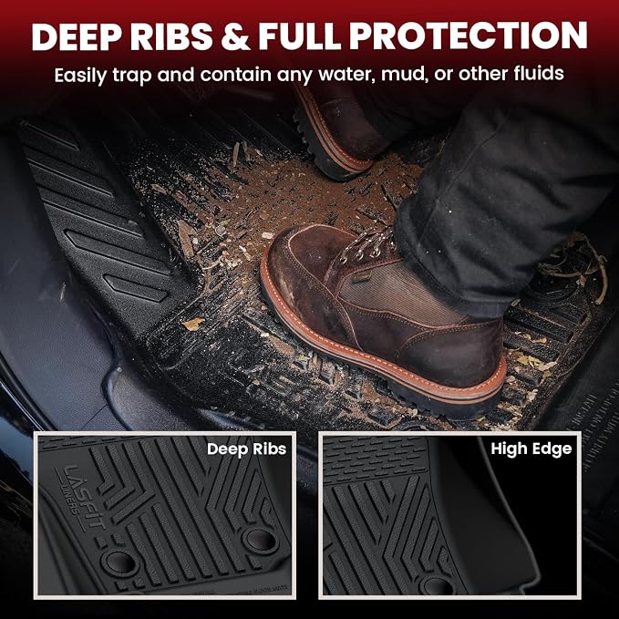 LASFIT Floor Mats for Toyota Tacoma 2024-2026 Double Cab Gas Manual Tran Only (Not Fit Hybrid & Xtra Cab & Auto Trans) All Weather TPE Floor Liners for Custom Fit Tacoma Front&Rear 2 Row Mats