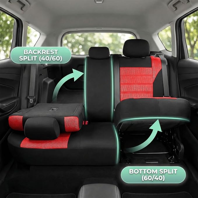 FH Group Automotive Car Seat Covers Full Set Premium 3D Air Mesh Front Seat Covers, Airbag Compatible & Split Bench Cover Universal Fit Interior Accessories for Cars Trucks and SUVs - Red