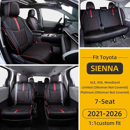 Custom Fit Sienna Seat Covers for 2021-2026 Toyota Sienna 7-Passenger XLE XSE Woodland Limited Platinum [Ottoman Not Covered], Waterproof Faux Leather Full Set Airbag Compatible (Black+Red)