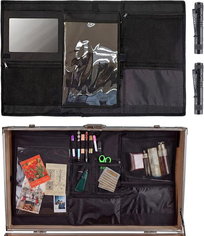 Sanwuta 30" L x 17.5" W Camp Trunk Organizer Trunk Lid Organizer for Summer Camp with 7 Pockets Plastic Mirror and Flashlight for Secure College Dorm Storage Chest