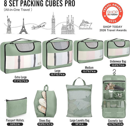 Veken 8 Set Packing Cubes for Travel Essentials,Anti-Wrinkle Buckled Suitcase Organizer for Shoe & Toiletry Bag,Carry On Luggage Bag with 99+ Count Mesh Holes for Airplane & College Dorm Accessories