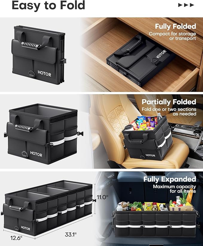 HOTOR Car Trunk Organizer - Trunk Organizer for SUV with Removable Cooler Bag, Foldable Cover, 3 Compartment Car Storage Essential Car Accessories for Truck, Van & Sedan, Black, 33.1" x 12.6" x 11.0"
