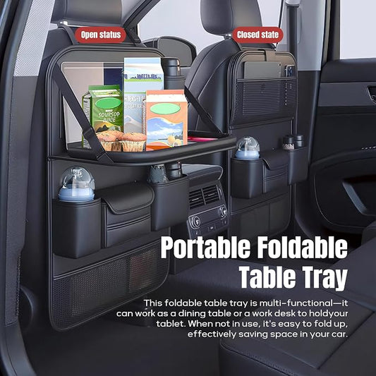 Car Backseat Organizer with Foldable Table Tray,Car Seat Back Protector with Touch Screen Phone Holder,Premium PU Leather Material,Compatible with Suitable for Most Car Travel Accessories