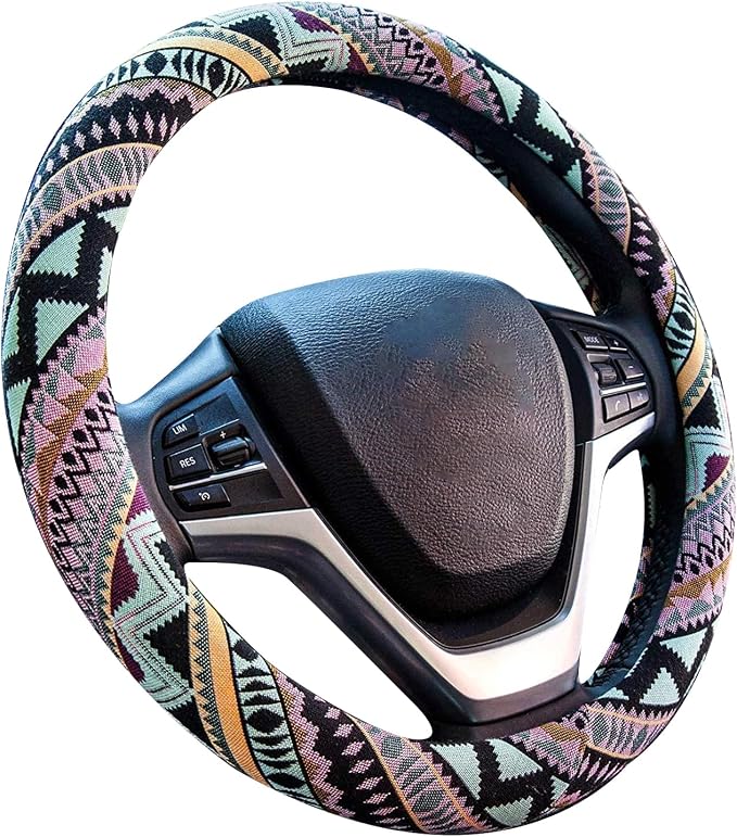 Valleycomfy Cloth Steering Wheel Covers for Women Bohemian Universal 15 inch Baja Blanket Enthic Maya