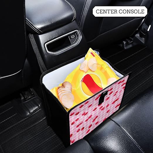 Car Trash Can Organizer Bin with Adjustable Strap for Back Front Seat Console Waterproof Leakproof Collapsible Portable 11 Inch Pink Juicy Checkered Cherry
