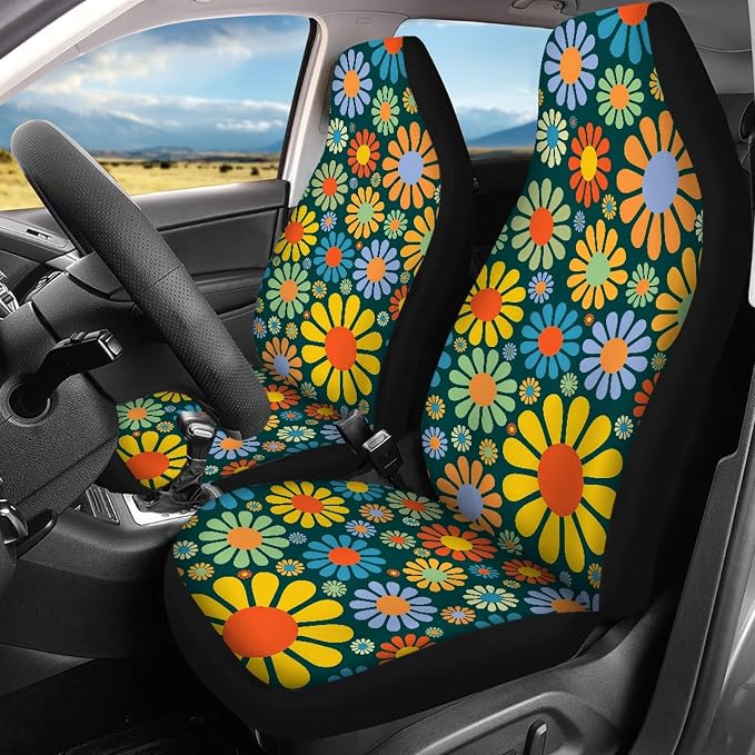Colorful Hippie Flower Car Seat Covers Full Set,Abstract Tropical Floral Pattern Cute Vehicle Front Rear Bench Cushion Protectors Auto Interior Accessories Universal Fit for Trucks Sedans