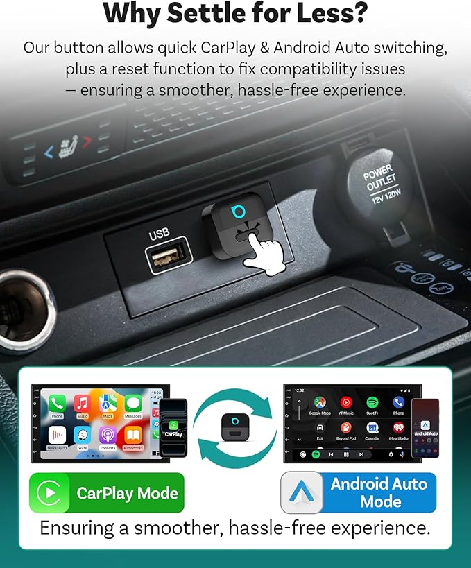 OTTOCAST Mini Pico Wireless CarPlay & Android Auto Adapter, Dual Wireless Conversion, Wi-Fi 6, Bluetooth 5.4, Ultra-Compact, One-Button Phone Switch