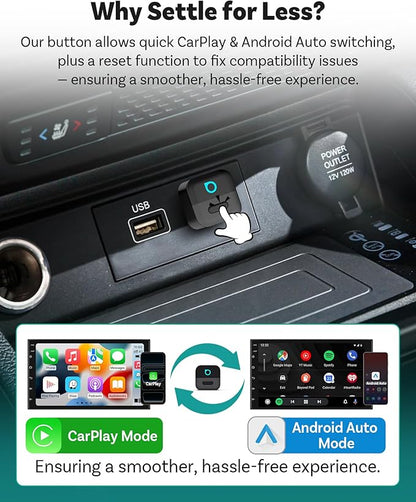 OTTOCAST Mini Pico Wireless CarPlay & Android Auto Adapter, Dual Wireless Conversion, Wi-Fi 6, Bluetooth 5.4, Ultra-Compact, One-Button Phone Switch