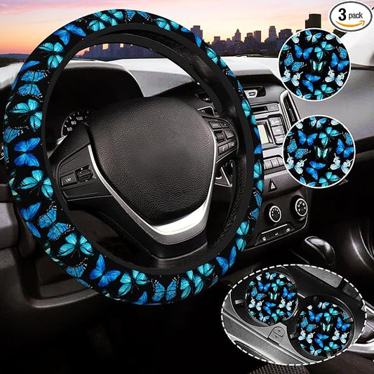 Blue Butterfly Steering Wheel Cover for Women, Universal Auto Steering Wheel 14-15 Inch Car Interior Accessories with 2PCS Car Coasters, Suitable for Men and Women