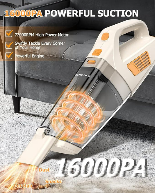 BQYPOWER Handheld Vacuum Cordless, 16000PA Strong Suction Hand Held Vacuum Cordless Rechargeable with Multiple Accessories, Portable Car Vacuum Cleaner High Power for Car Home Office