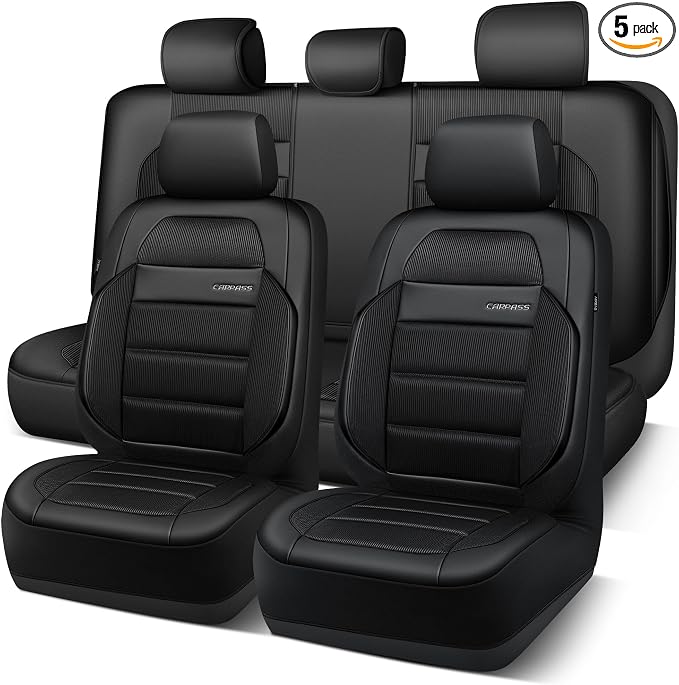 CAR PASS Memory Foam Seat Covers Full Sets, Airy Cool Mesh Thick Car Seat Covers, Leather Car Seat Covers 5 Seats Airbag Compatible, Universal Automotive Comfort for Most Cars, Trucks, SUV, Black