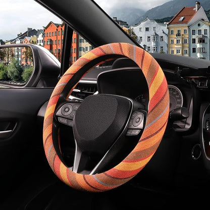 SEG Direct Boho Steering Wheel Cover with Baja Blanket Cloth, Ethnic Style Auto Wheel Cover Made of Coarse Flax, Fits 14 1/2-15 1/4 inches Car Wheel