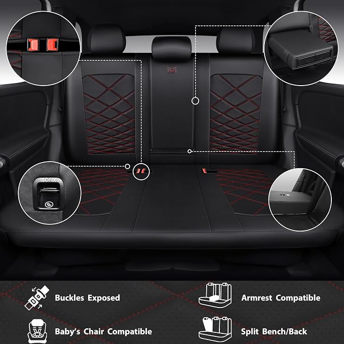 CAR PASS Luxury Nappa Leather Seat Covers Full Set, Water Resistant Faux Leather Seat Cover with Lumbar Support, Breathable Automotive Seat Covers Universal Fit for Sedan SUV Van Truck, Black Red
