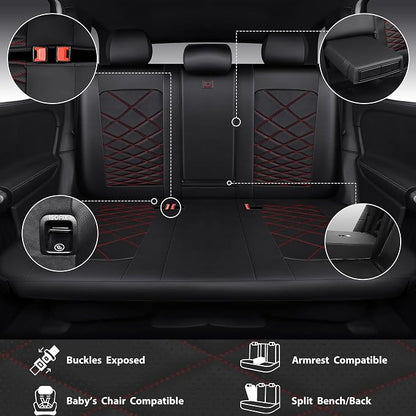 CAR PASS Luxury Nappa Leather Seat Covers Full Set, Water Resistant Faux Leather Seat Cover with Lumbar Support, Breathable Automotive Seat Covers Universal Fit for Sedan SUV Van Truck, Black Red