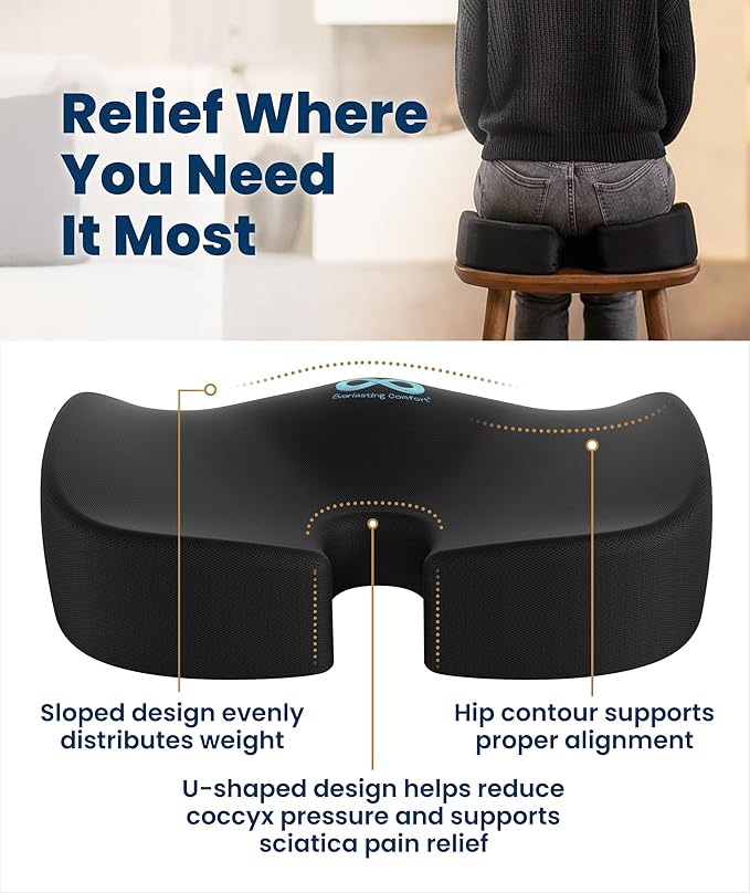 Everlasting Comfort Doctor Recommended Memory Foam Seat Cushion for Office Chairs & Car - Ergonomic Office Desk Accessories - Cushions for Tailbone Pain Relief, Sciatica (Black, X-Large)
