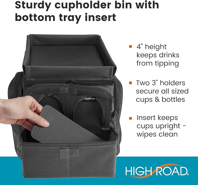 High Road CarHop Car Caddy Organizer with Road Trip Cooler, Car Cup Holder Bin, Sturdy Snack and Play Lid and 6 Organization and Storage Pockets, Black