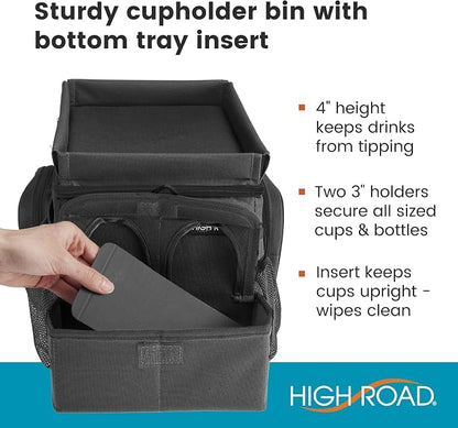 High Road CarHop Car Caddy Organizer with Road Trip Cooler, Car Cup Holder Bin, Sturdy Snack and Play Lid and 6 Organization and Storage Pockets, Black