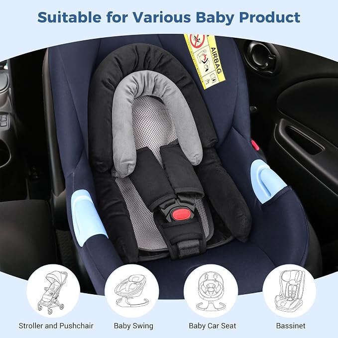 COOLBEBE Upgraded 3-in-1 Baby Body Support & Strap Covers Set for Newborn Infant - Extra Soft Car Seat Insert Cushion Pad, Perfect for Car Seats, Strollers, Swing, Black