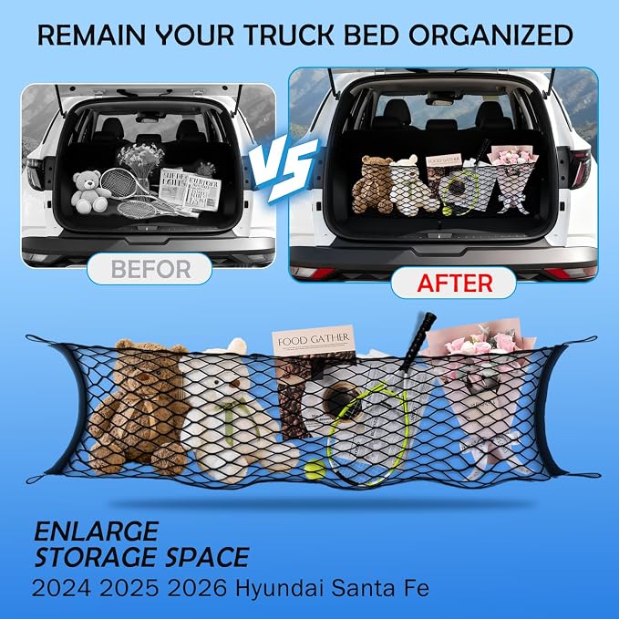 Envelope Style Cargo Net for 2024 2025 2026 Hyundai Santa Fe Accessories, Rear Trunk SUV Mesh Cargo Net, Upgraded 5mm Bungee & Double-Layer Nylon Storage Tailgate Netting Grocery&Tools Organizer