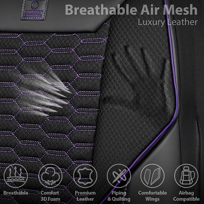 CAR PASS 3D Foam Mesh Leather Car Seat Covers Front Seats,Breathable Mesh Front Seat Covers for Women,Universal Fit for Cars SUV Truck Sedan Van Automotive,Armrest Airbag Compatible,Black and Purple