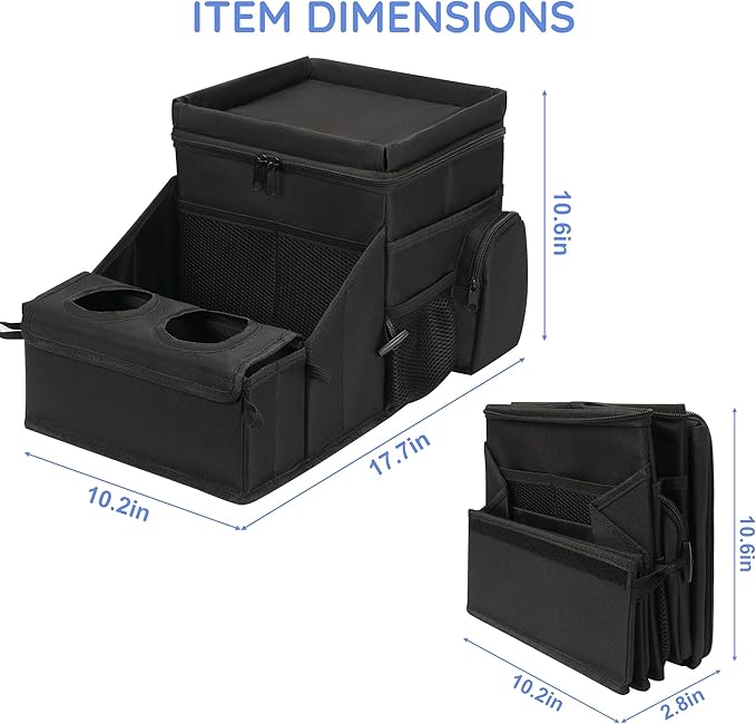 Car Hop Front Seat Organizer with Cup Holder, Movable Divider & Side Pockets, Passenger Seat Storage Caddy for Road Trip, Travel, Work or Kids, Fits Cars Trucks SUVs