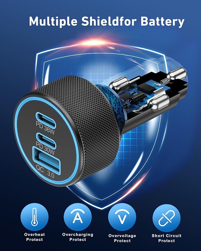 USB C Car Charger, 3-Port 67W Dual USBC & USB-A Car Phone Accessories Fast Power Adapter Cargador Carro PD/QC Cigarette Lighter for iPhone 17/16/15, iPad, Samsung Galaxy S25/S24, Android, 2-Pack