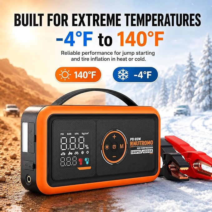 4000A Car Battery Jump Starter with 160PSI Air Compressor & 65W Fast Charger, 24,000mAh 88.8Wh Portable Jump Box (10.0L Gas/10.0L Diesel), 12V Car Battery Booster with Tire Inflator-Vibrant Orange