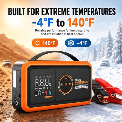 4000A Car Battery Jump Starter with 160PSI Air Compressor & 65W Fast Charger, 24,000mAh 88.8Wh Portable Jump Box (10.0L Gas/10.0L Diesel), 12V Car Battery Booster with Tire Inflator-Vibrant Orange