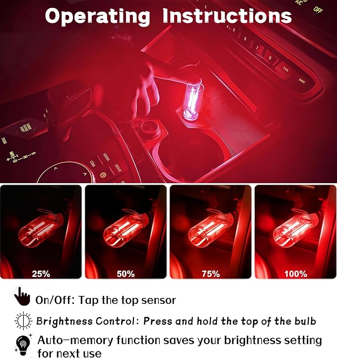 LED Car Interior Light, Touch Control USB Night Lamp, Retro Style Ambient Lighting for Auto, Bedroom, Desk (Red Light)