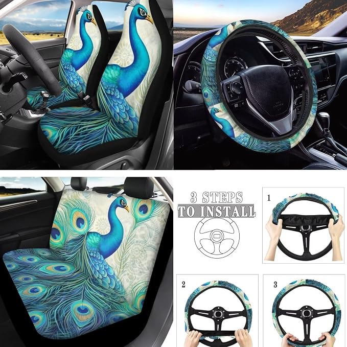Retro Aesthetic Peacock 10 Piece Car Set, Aesthetic Bird Oil Painting Universal Steering Wheel Cover Classical Peacock Front Seat Rear Bench for Truck SUV Sedan, Car Decor