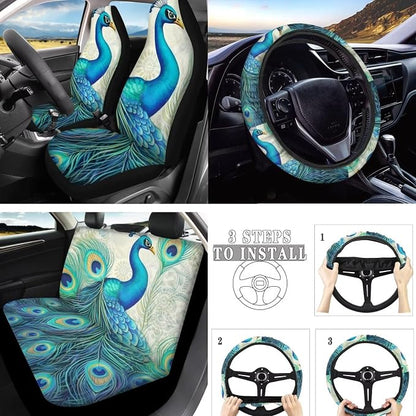 Retro Aesthetic Peacock 10 Piece Car Set, Aesthetic Bird Oil Painting Universal Steering Wheel Cover Classical Peacock Front Seat Rear Bench for Truck SUV Sedan, Car Decor