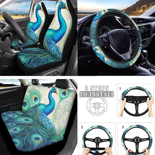 Retro Aesthetic Peacock 10 Piece Car Set, Aesthetic Bird Oil Painting Universal Steering Wheel Cover Classical Peacock Front Seat Rear Bench for Truck SUV Sedan, Car Decor