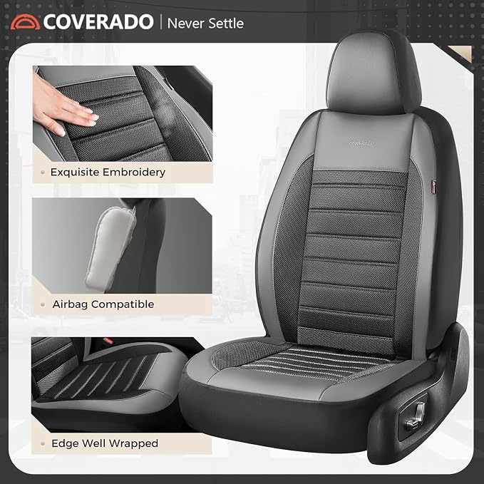 Coverado Car Seat Covers Full Set, Luxury Leather Car Seat Protector, Automotive Front and Rear Mesh Seat Covers, Full Set 5 Seats, Black Gray Seat Cushion for SUV Sedan Truck